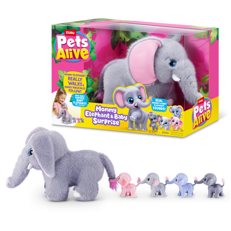 Black Zuru Pets Alive Mommy Elephant and Baby 9570 Toyzoona 9570_PETSALIVE_MAMA_BABYSURPRISE-SERIES1-MAMAELEPHANT_BABYSURPRISE_ECOMHERO.png Plush Toys