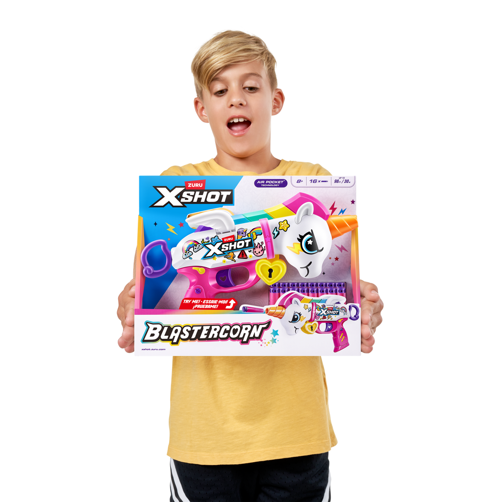 Tan Zuru X Shot Blastercorn Unicorn S1 36729 Colorful Blaster Fun HALSON ENTERPRISE 36729_XSHOT_BLASTERCORN-SERIES1-UNICORNBLASTER_16darts_-OpenBox_LIFESTYLEWHITE_01.png Action Figures and Play Sets