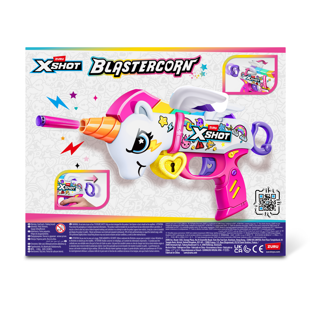Midnight Blue Zuru X Shot Blastercorn Unicorn S1 36729 Colorful Blaster Fun HALSON ENTERPRISE 36729_XSHOT_BLASTERCORN-SERIES1-UNICORNBLASTER_BACKOFPACK.png Action Figures and Play Sets