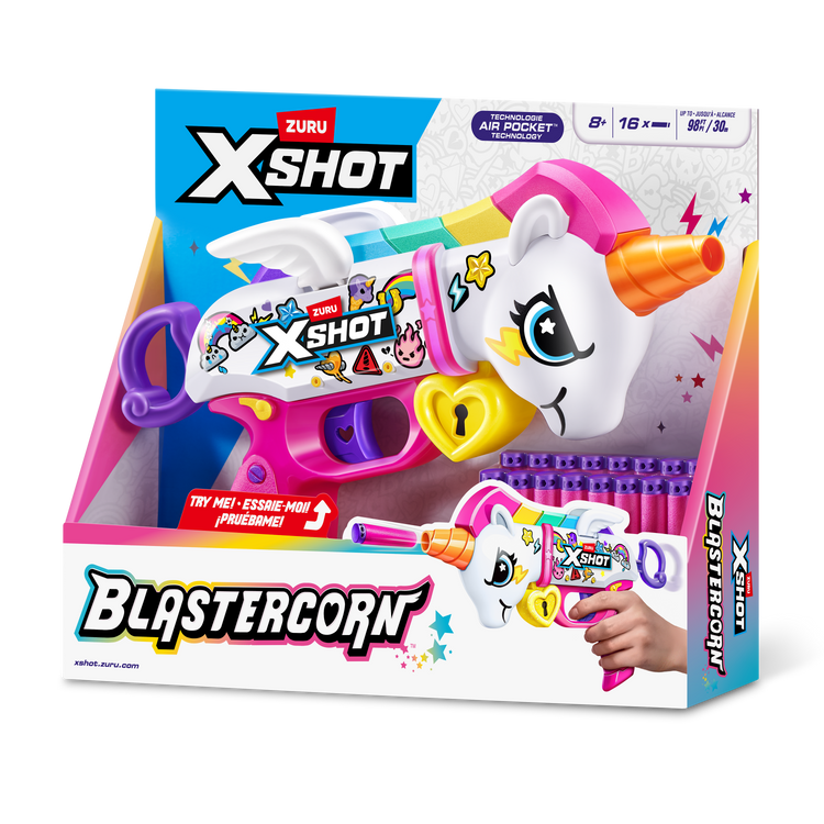 Dark Slate Blue Zuru X Shot Blastercorn Unicorn S1 36729 Colorful Blaster Fun HALSON ENTERPRISE 36729_XSHOT_BLASTERCORN-SERIES1-UNICORNBLASTER_SIDEOFPACK.png Action Figures and Play Sets