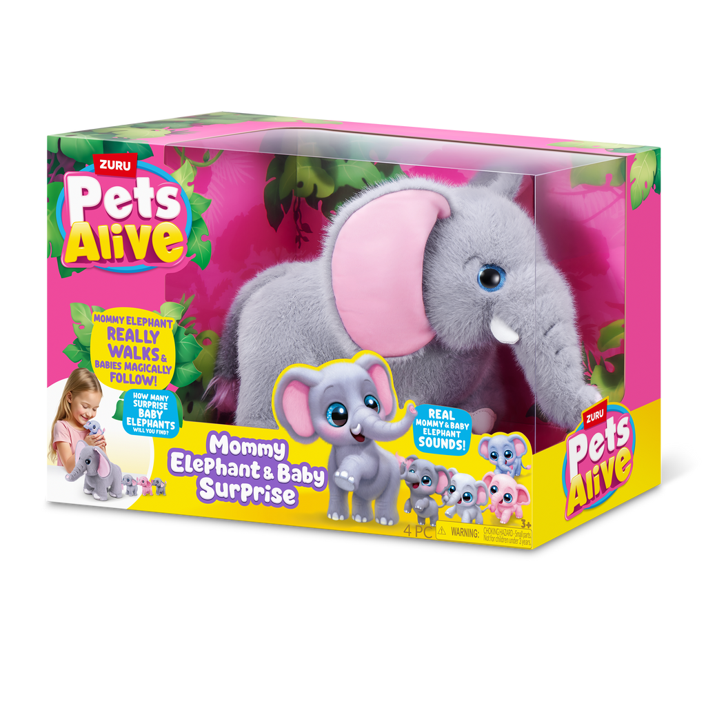 Black Zuru Pets Alive Mommy Elephant and Baby 9570 Toyzoona 9570_PETSALIVE_MAMA_BABYSURPRISE-SERIES1-MAMAELEPHANT_BABYSURPRISE_SIDEOFPACK.png Plush Toys